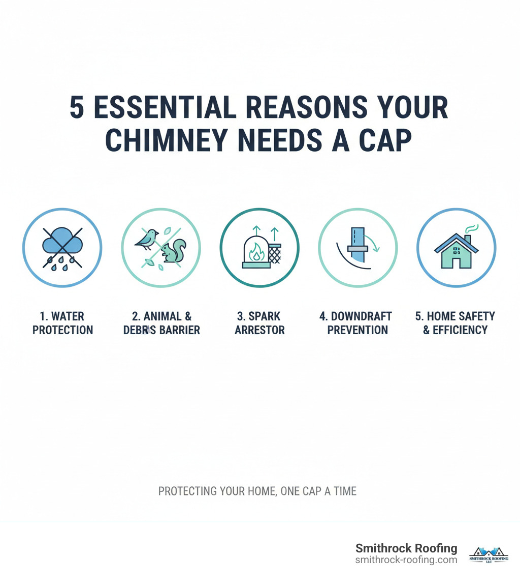 Infographic explaining the top 5 reasons every chimney needs a cap, detailing protection from water, animals, debris, sparks, and drafts - chimney cap types infographic 