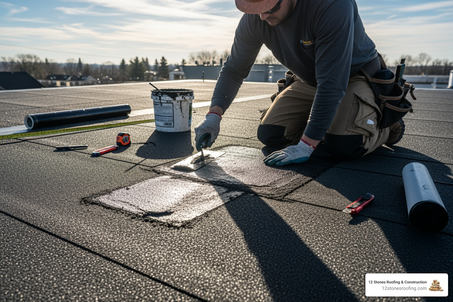 roofer applying a patch with a trowel - modified bitumen roof patch
