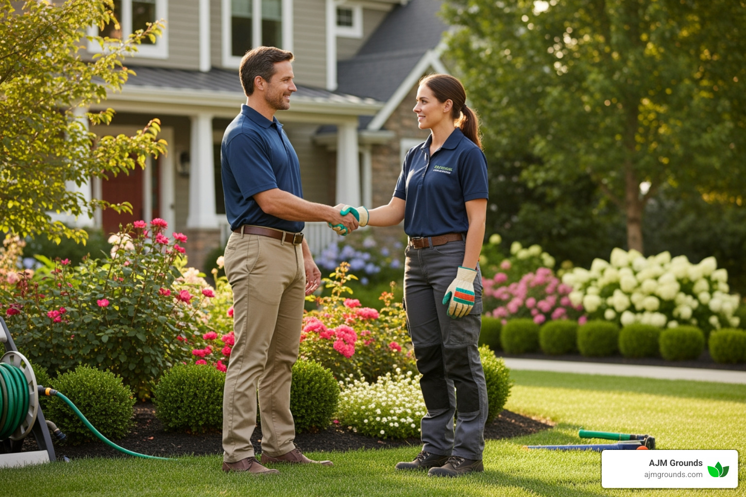 homeowner shaking hands with landscaper - landscapers near me homeowner shaking hands with landscaper - landscapers near me