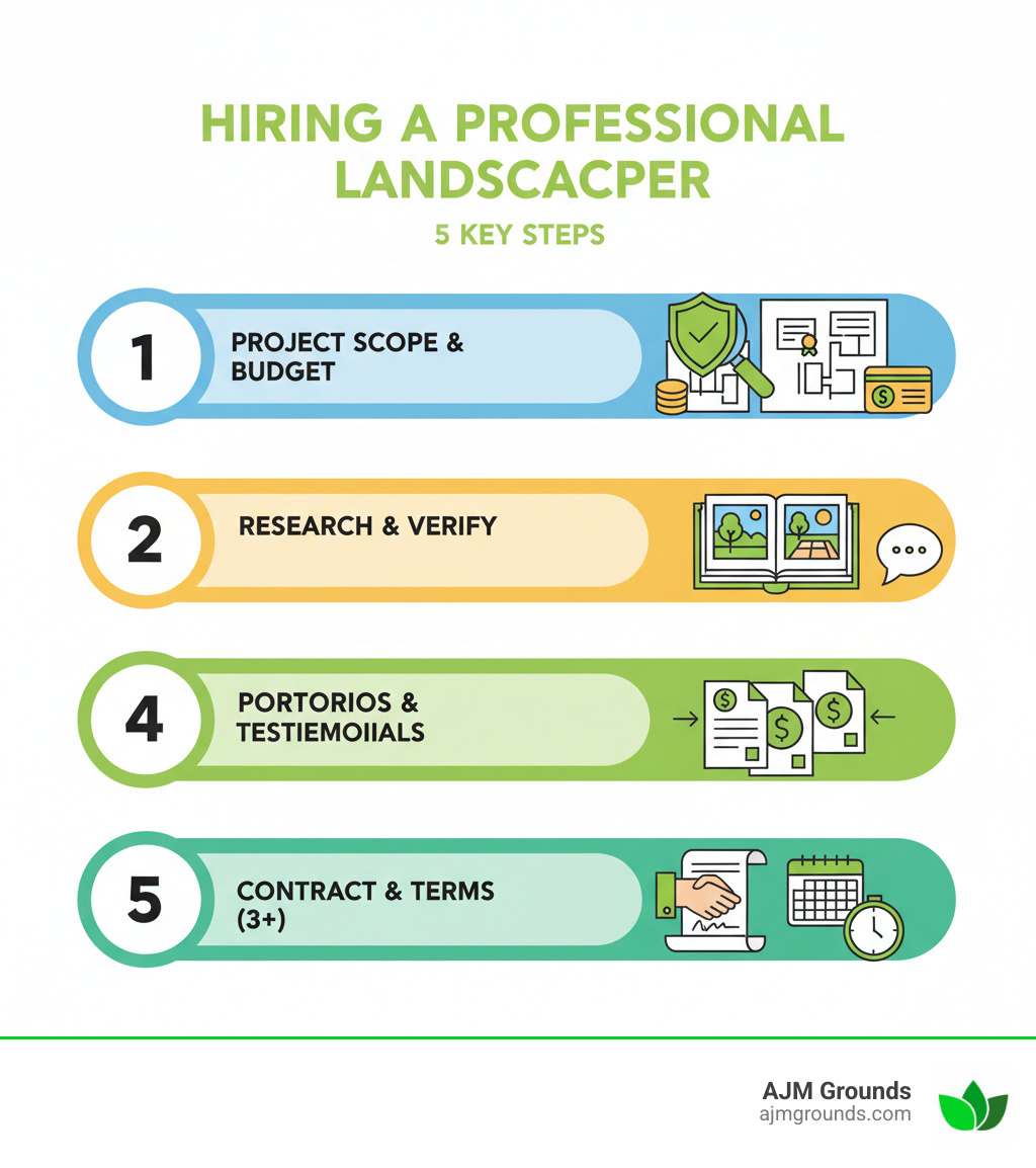 Infographic showing 5 key steps to hiring a professional landscaper: 1. Define your project scope and budget 2. Research and verify credentials (licensing, insurance, professional memberships) 3. Review portfolios and customer testimonials 4. Request detailed written estimates from 3+ contractors 5. Check references and finalize a clear contract with timeline and payment terms - landscapers near me infographic Infographic showing 5 key steps to hiring a professional landscaper: 1. Define your project scope and budget 2. Research and verify credentials (licensing, insurance, professional memberships) 3. Review portfolios and customer testimonials 4. Request detailed written estimates from 3+ contractors 5. Check references and finalize a clear contract with timeline and payment terms - landscapers near me infographic