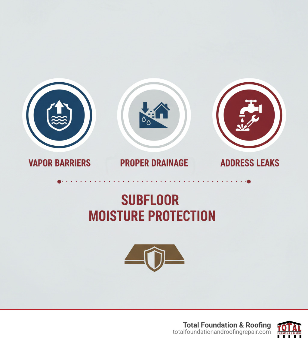 Infographic showing key strategies for protecting subfloors from moisture, including vapor barriers, proper drainage, and addressing leaks. - how to protect subfloor from moisture infographic 