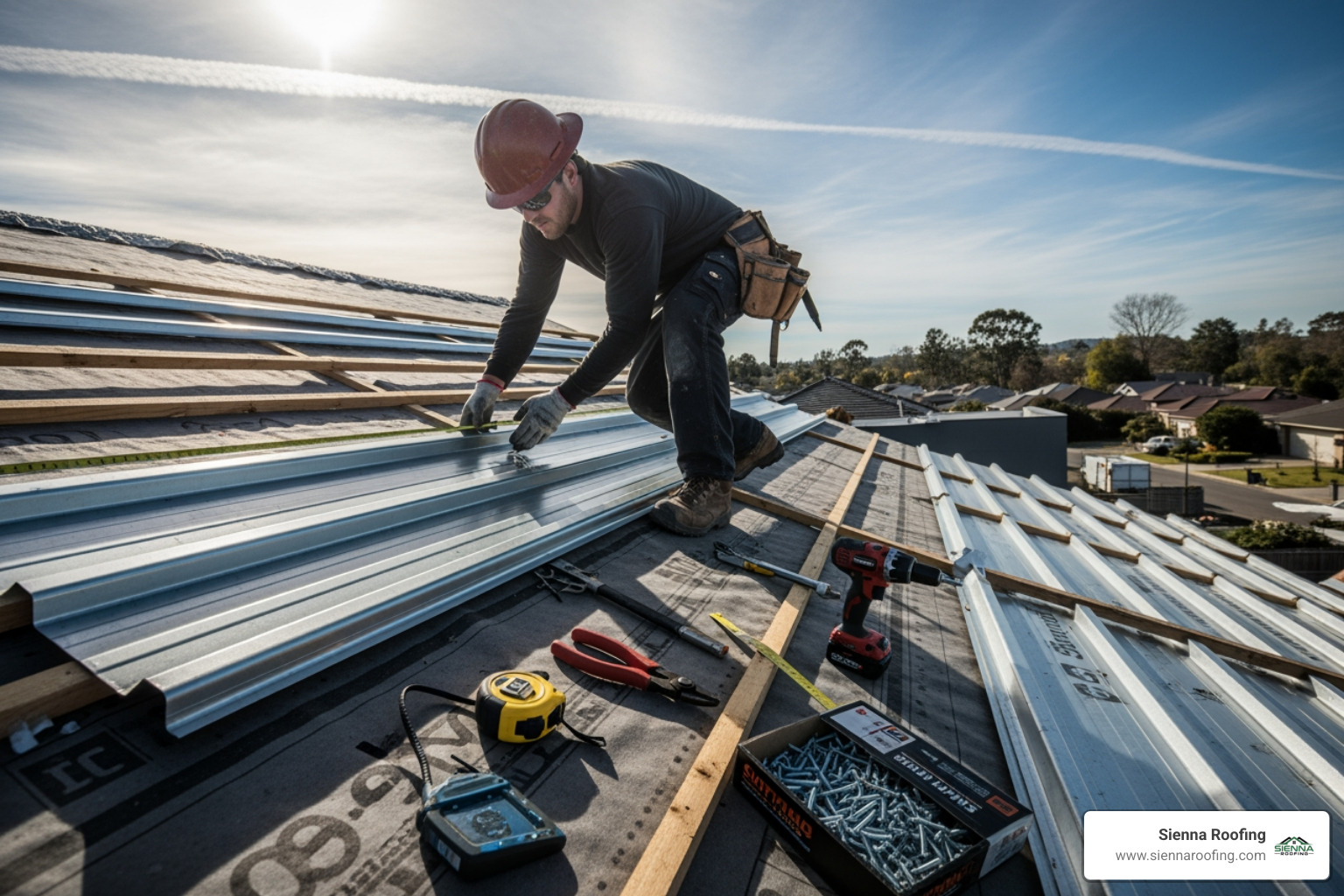 Person carefully aligning the first corrugated metal panel on a roof - Corrugated metal roof installation
