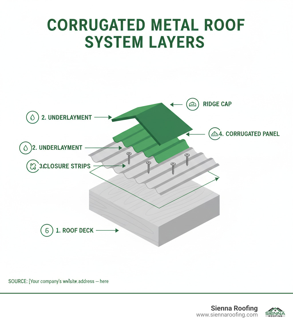 Infographic detailing the layers of a corrugated metal roof system: Roof Deck, Underlayment, Closure Strips, Corrugated Panel, Fasteners, Ridge Cap - Corrugated metal roof installation infographic 
