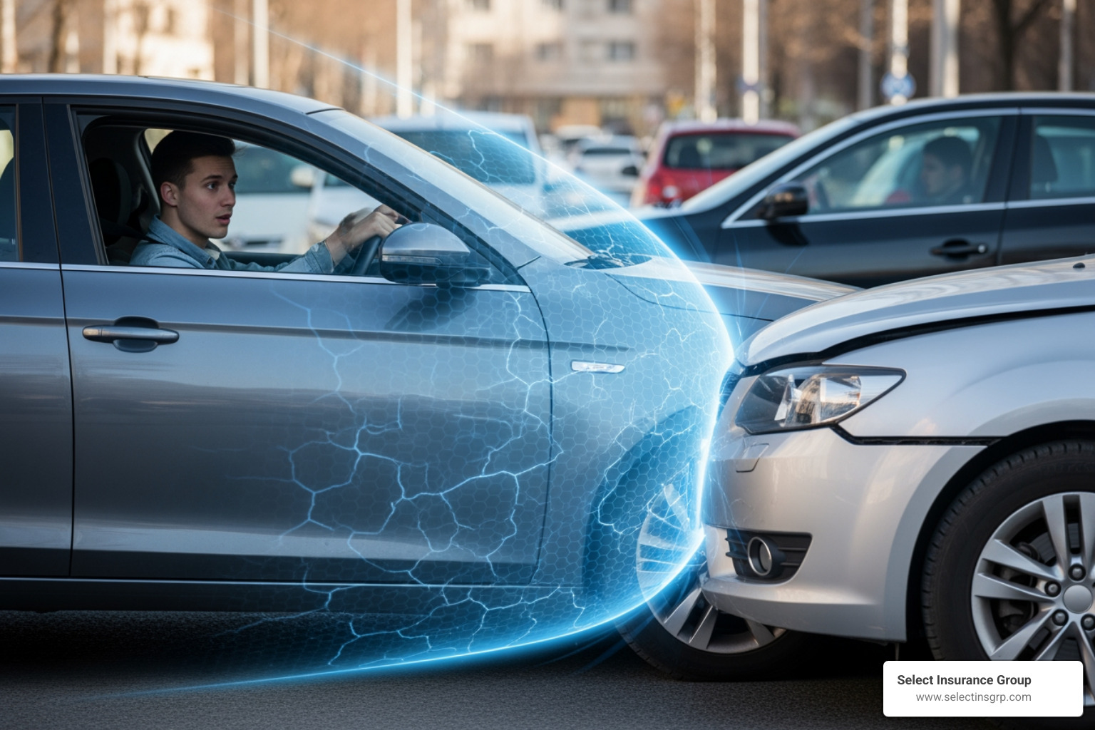 diagram showing a driver protected by a non-owner insurance shield in an accident with another car - insurance for a driver without car