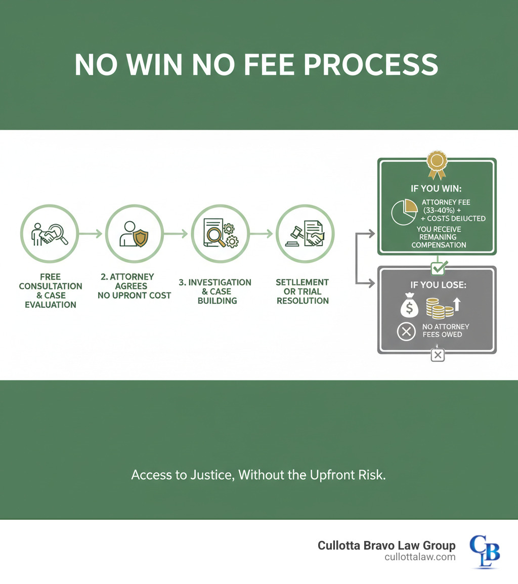 Infographic showing the no win no fee process: 1) Free consultation and case evaluation, 2) Attorney agrees to represent you with no upfront cost, 3) Attorney investigates and builds your case, 4) Case resolves through settlement or trial, 5) If you win: attorney fee (typically 33-40%) and costs deducted, you receive remaining compensation, 6) If you lose: you owe no attorney fees - No win no fee infographic 