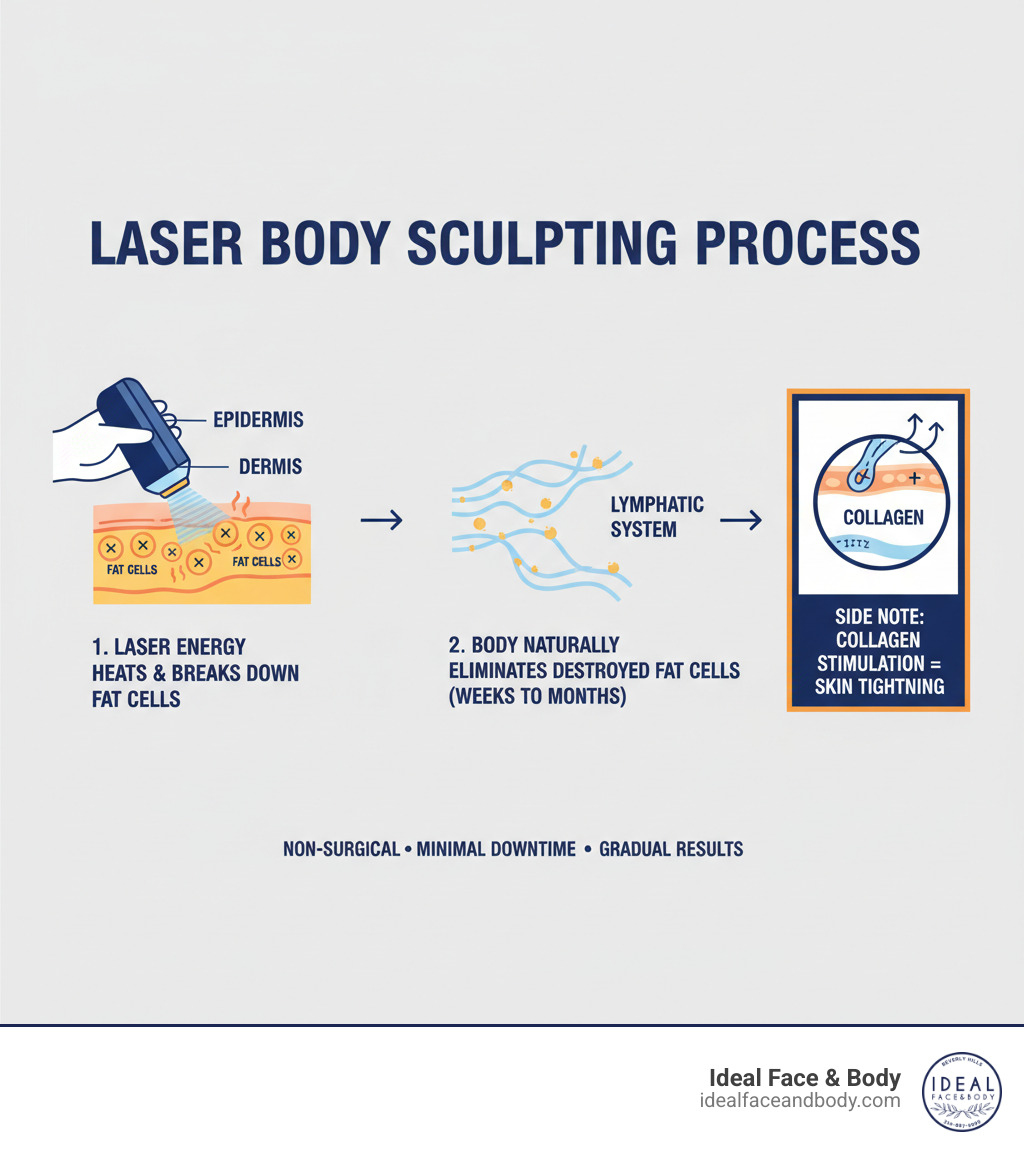 Infographic showing laser body sculpting process: laser applicator positioned on skin, laser energy penetrating to fat layer beneath the dermis, heat causing fat cells to break down, body's lymphatic system eliminating destroyed fat cells over weeks to months, with side note showing collagen stimulation leading to skin tightening - laser body sculpting infographic Infographic showing laser body sculpting process: laser applicator positioned on skin, laser energy penetrating to fat layer beneath the dermis, heat causing fat cells to break down, body's lymphatic system eliminating destroyed fat cells over weeks to months, with side note showing collagen stimulation leading to skin tightening - laser body sculpting infographic