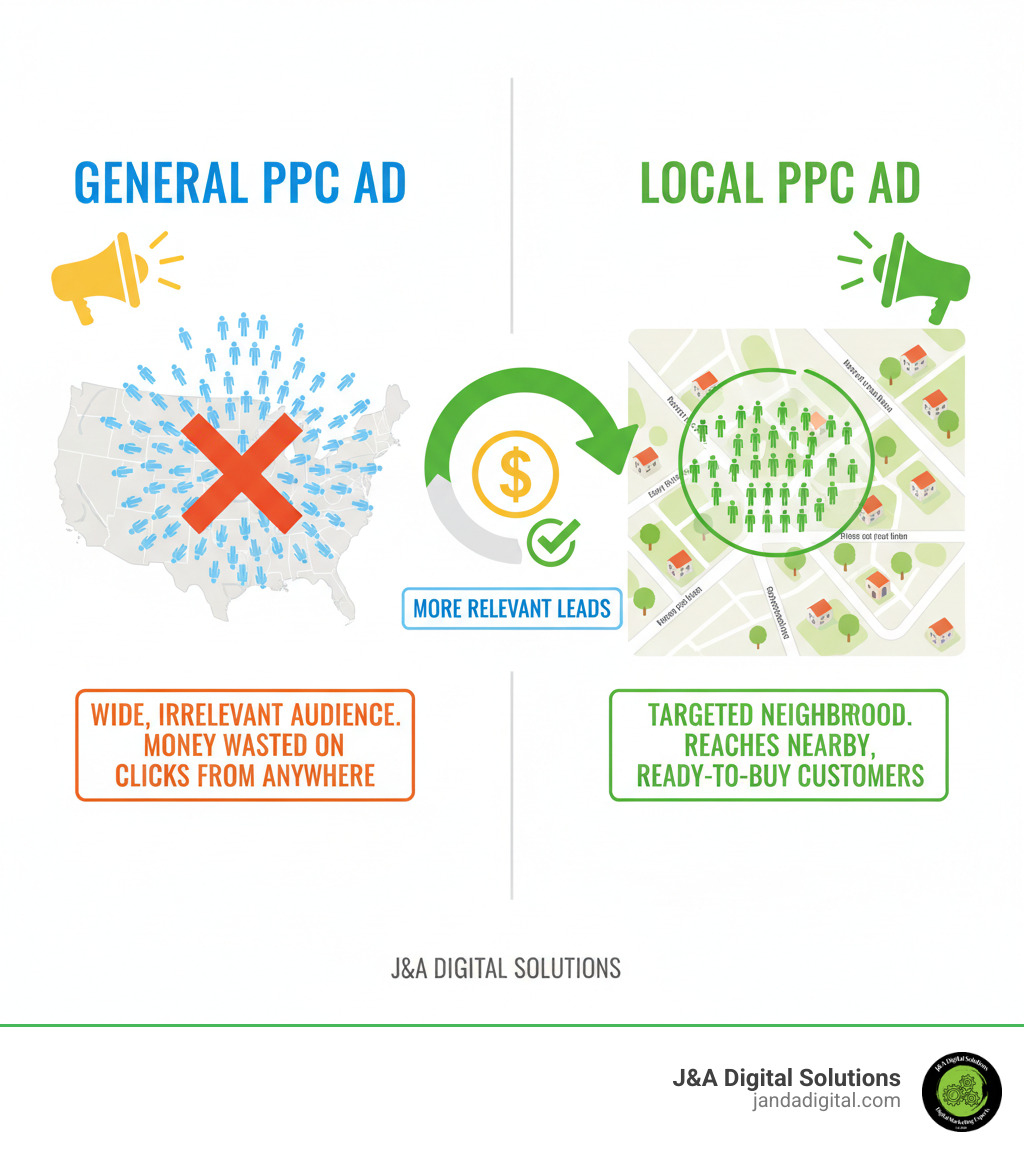Infographic explaining the difference between a general PPC ad reaching a wide, irrelevant audience vs. a local PPC ad targeting a specific neighborhood. - local PPC campaigns infographic 