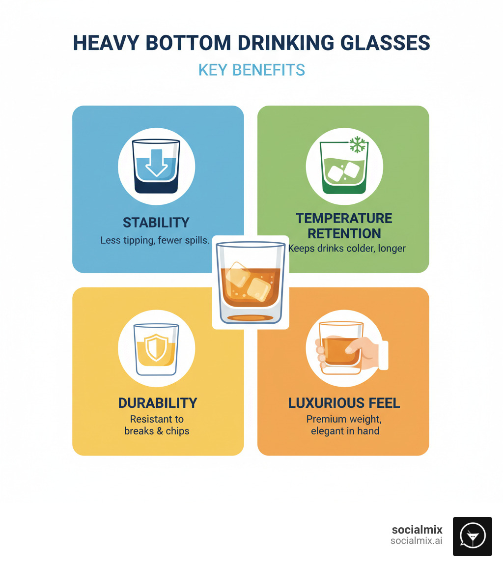 Key benefits of heavy bottom drinking glasses: Stability, Temperature Retention, Durability, and Luxurious Feel - heavy bottom drinking glasses infographic Key benefits of heavy bottom drinking glasses: Stability, Temperature Retention, Durability, and Luxurious Feel - heavy bottom drinking glasses infographic
