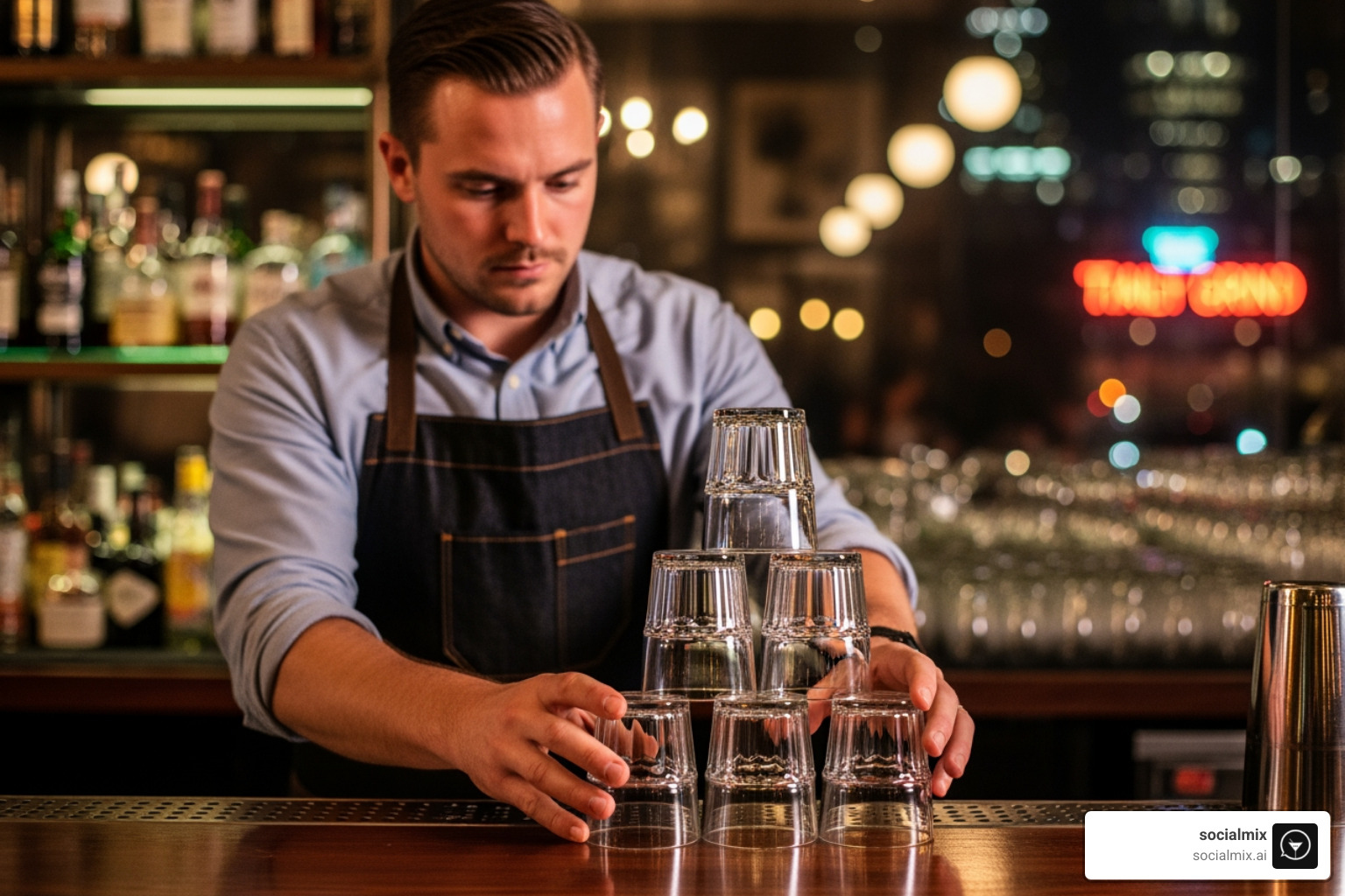 bartender arranging Duralex Picardie glasses on a bar - heavy bottom drinking glasses bartender arranging Duralex Picardie glasses on a bar - heavy bottom drinking glasses