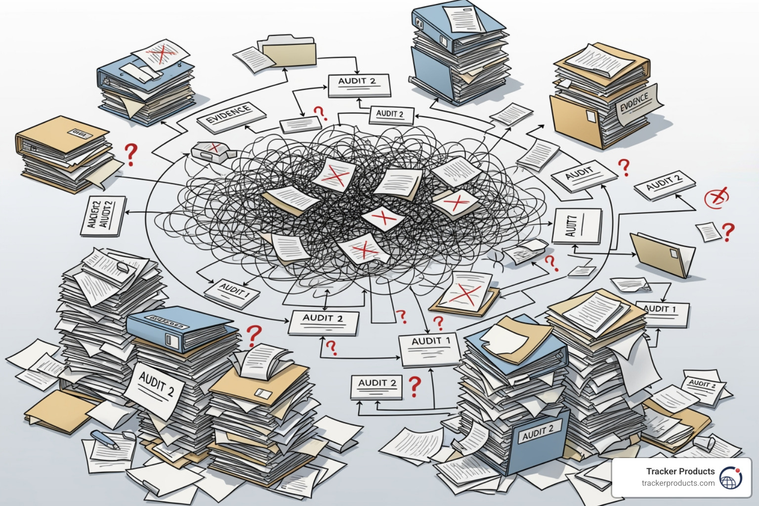 A complex, tangled flowchart representing manual evidence collection for multiple audits - vendors evidence re-use multiple audits iso 27001 compliance A complex, tangled flowchart representing manual evidence collection for multiple audits - vendors evidence re-use multiple audits iso 27001 compliance