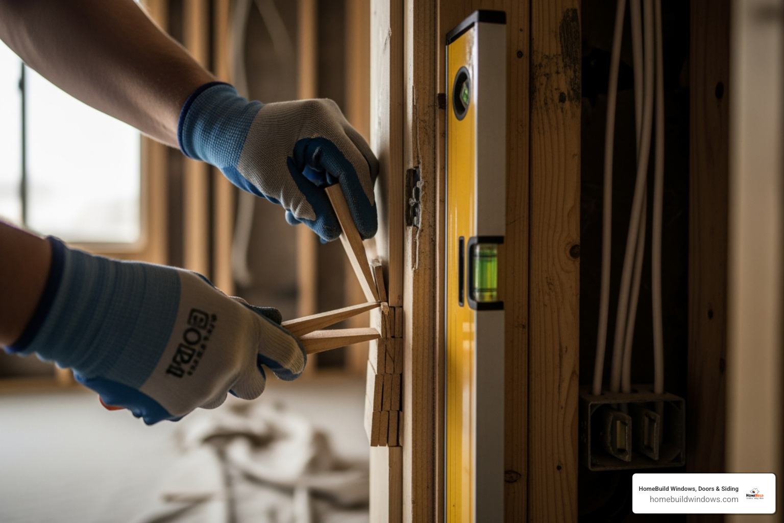 professional installer shimming a door - door installation chicago