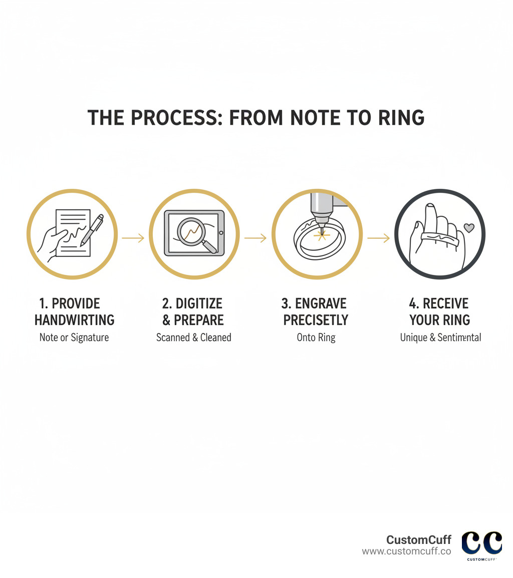 Infographic showing the process: 1. You provide a handwritten note or signature. 2. The handwriting is digitally scanned and prepared. 3. It is precisely engraved onto a ring. 4. You receive a unique, sentimental actual handwriting ring - actual handwriting ring infographic Infographic showing the process: 1. You provide a handwritten note or signature. 2. The handwriting is digitally scanned and prepared. 3. It is precisely engraved onto a ring. 4. You receive a unique, sentimental actual handwriting ring - actual handwriting ring infographic