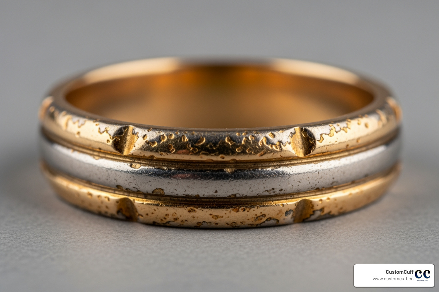 Worn, gold-plated ring showing base metal - 14k stamped inside ring