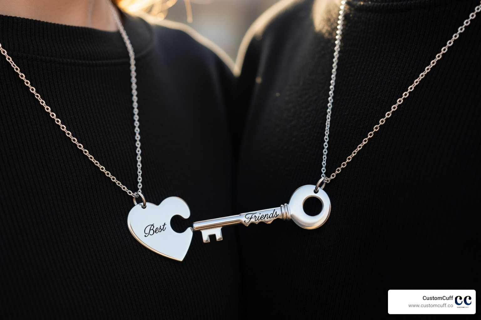 a two-piece puzzle necklace set, one half on each chain - couples necklace set