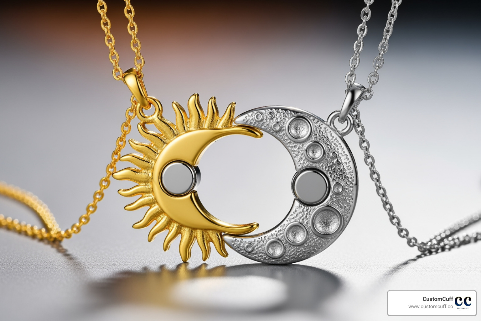 a magnetic couples necklace set with two pendants drawn together - couples necklace set