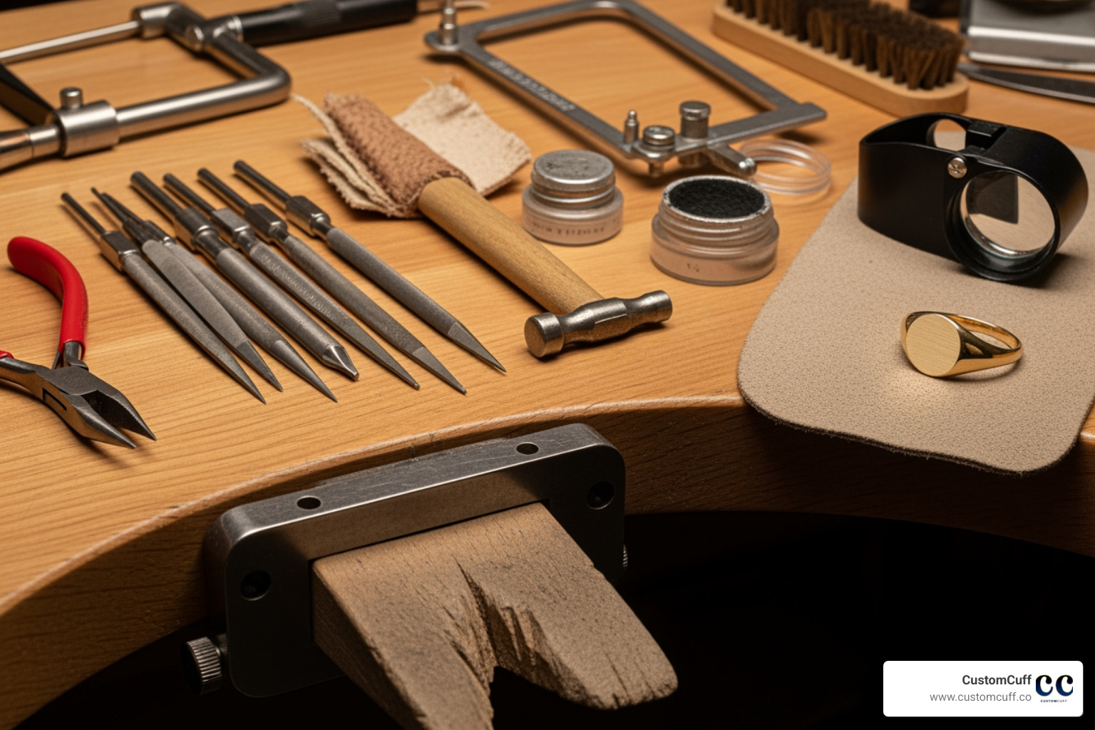 jeweler's tools next to a blank signet ring - stamped signet ring