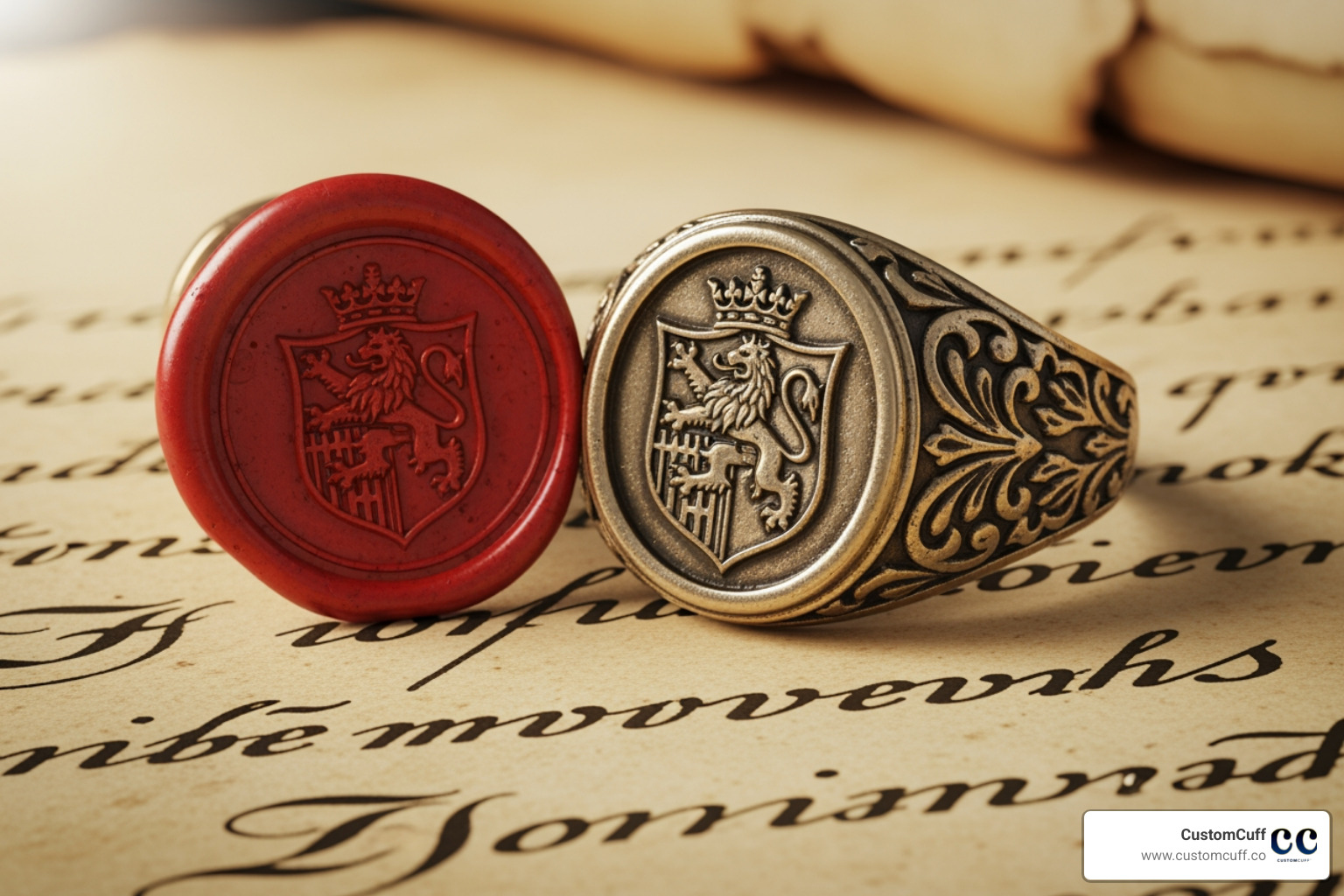 historical wax seal next to an ancient-looking signet ring - stamped signet ring