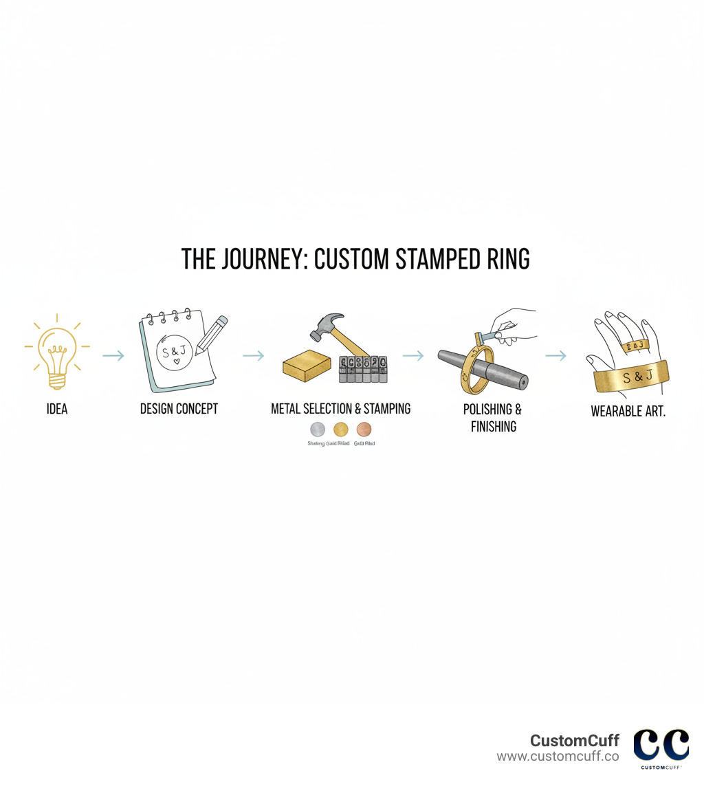Infographic explaining the journey of a custom stamped ring from an idea to a finished, wearable piece. - custom stamped rings infographic 