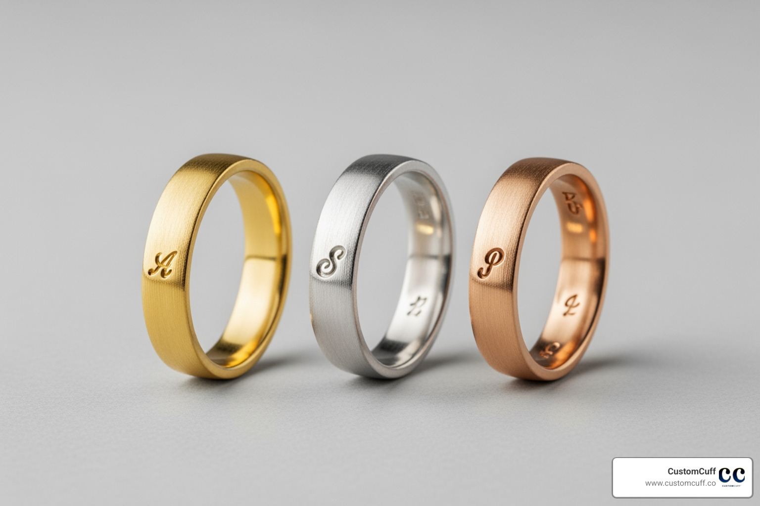 rings in different metals like gold, silver, and rose gold side-by-side - custom stamped rings
