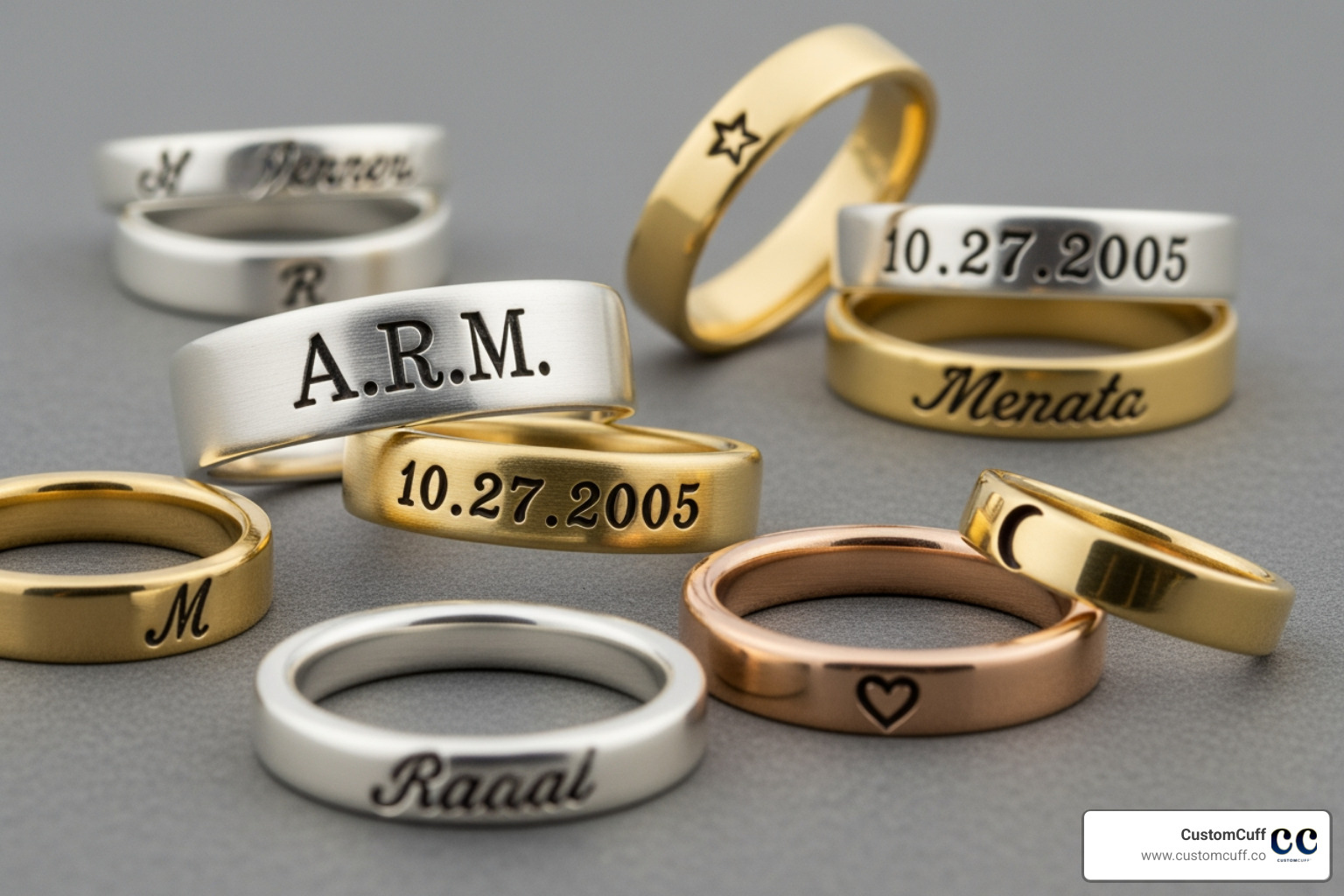 collage showing different customization types like initials, dates, and symbols on various rings - custom stamped rings
