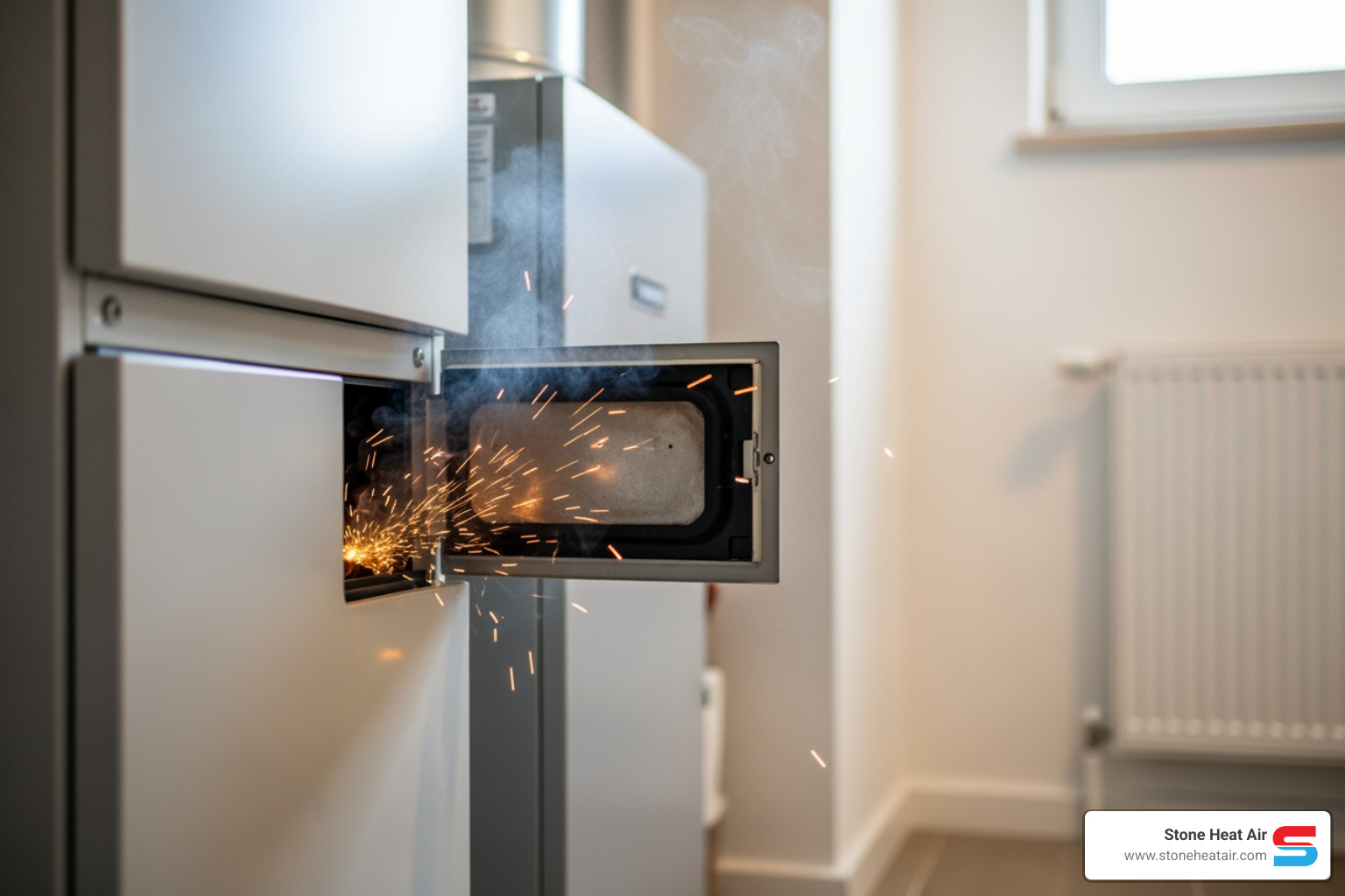 infographic showing the top warning signs of heating emergencies: no heat coming from vents, strange mechanical noises like grinding or banging, foul odors including burning smells or gas, system cycling on and off frequently, and visible smoke or sparks from the unit - emergency heating repair in klamath falls or