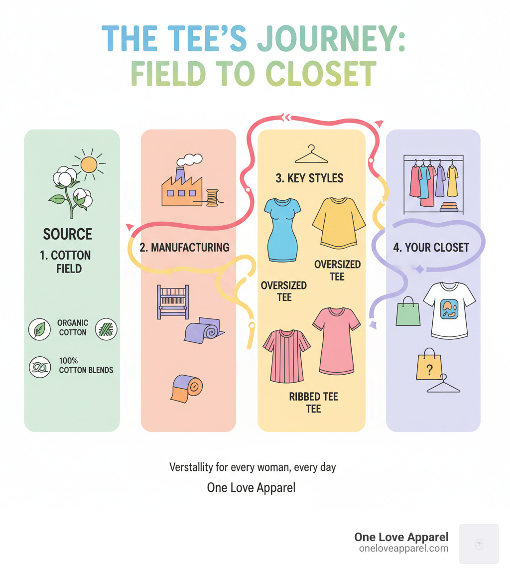 infographic showing the journey of a t-shirt from cotton field to closet, highlighting key styles including fitted, oversized, ribbed, and graphic tees, plus materials like 100% cotton, cotton blends, and organic cotton - womens tees infographic 