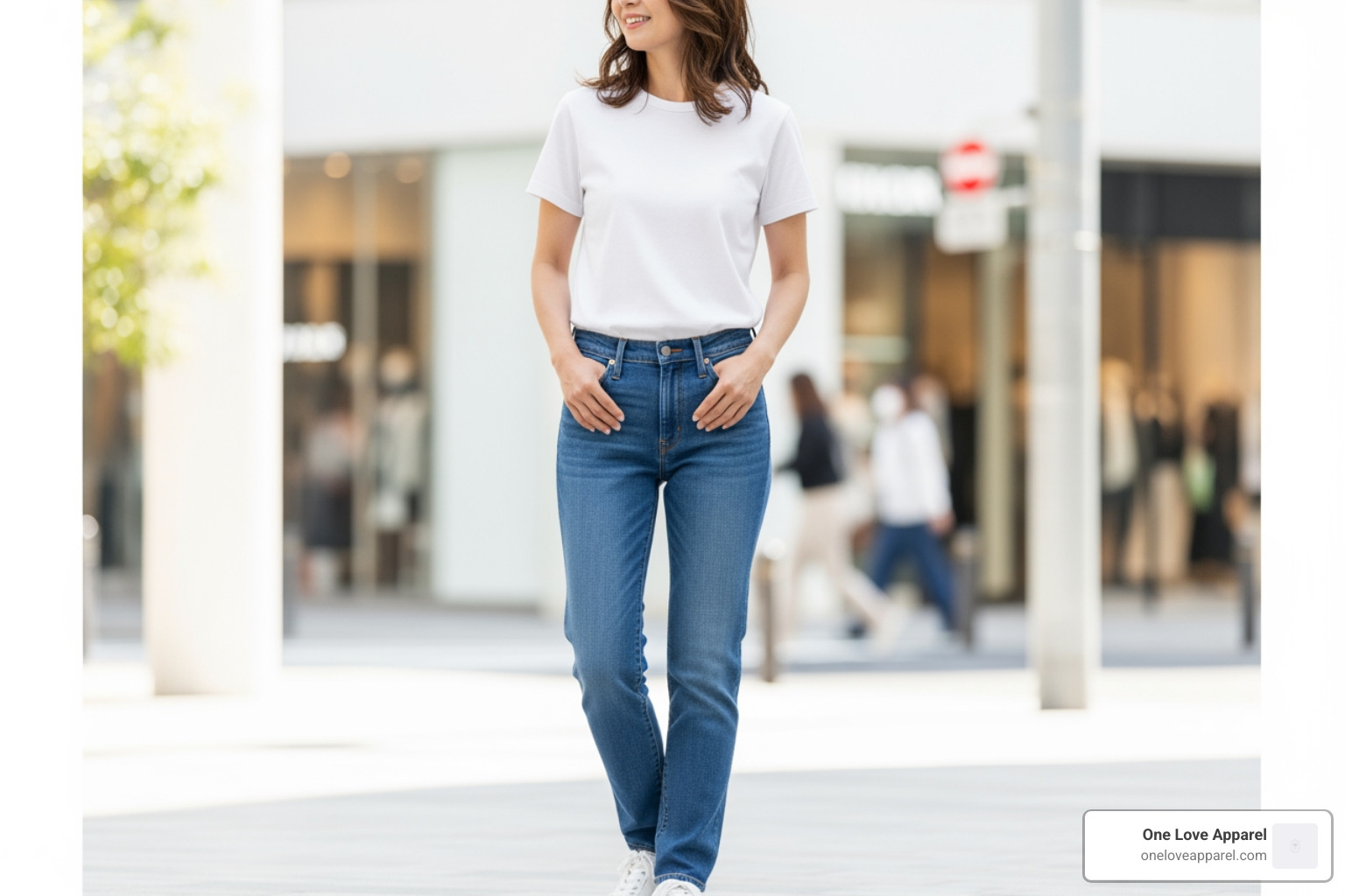 woman in classic white crewneck tee tucked into jeans - womens tees
