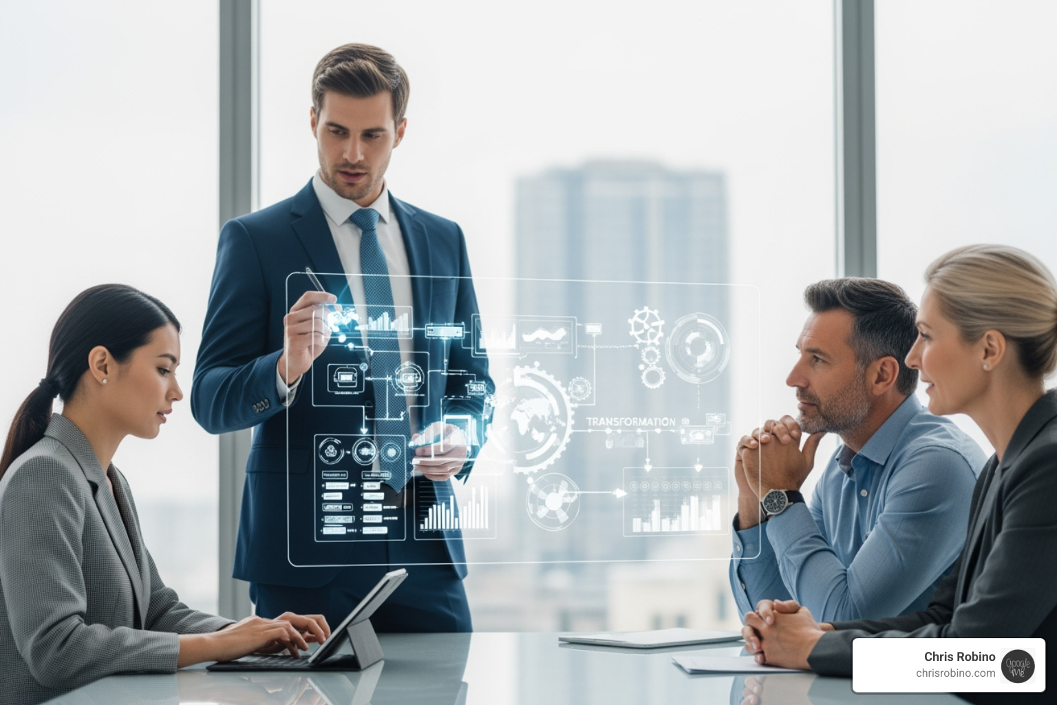 futuristic interface showing AI-powered analytics and business insights - business transformation consultant