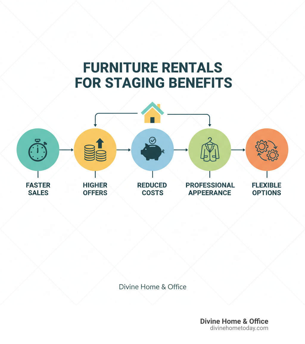 Infographic showing benefits of furniture rentals for staging: faster sales, higher offers, reduced costs, professional appearance, and flexible options. - furniture rentals for staging infographic 