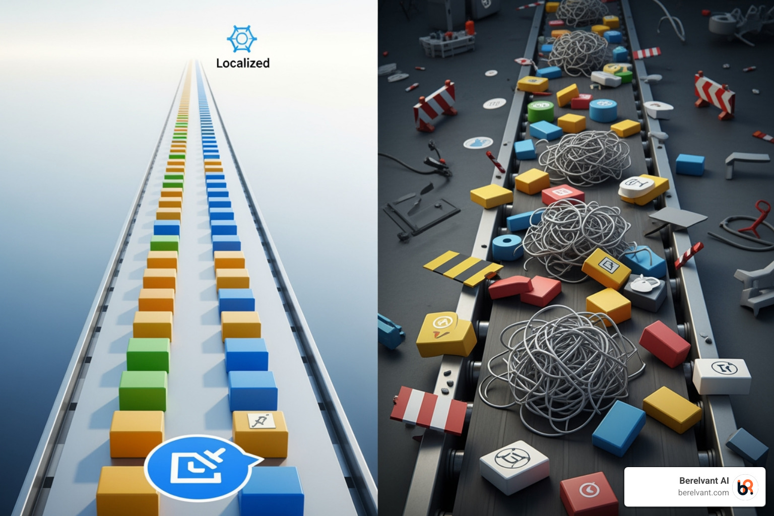 flowchart showing streamlined vs. chaotic localization processes - multilingual creative services enterprise