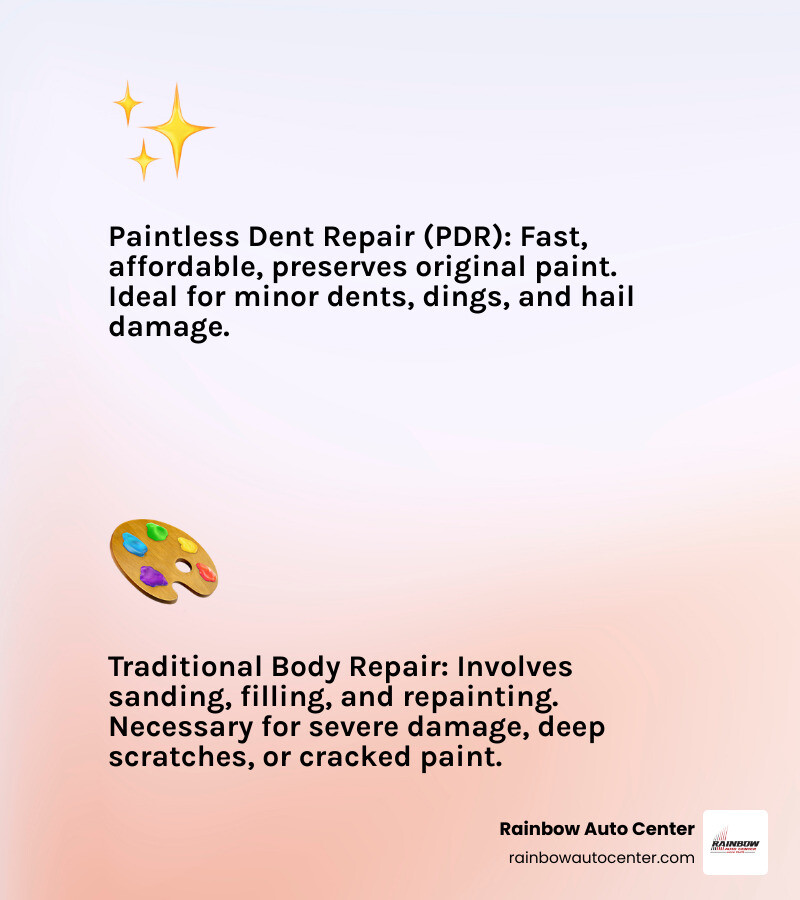 Infographic comparing Paintless Dent Repair (PDR) and Traditional Body Repair, highlighting PDR as fast, paintless, and affordable for minor damage, and Traditional Repair as involving sanding, filling, and repainting for severe damage - local dent removal near me infographic 2_facts_emoji_light-gradient