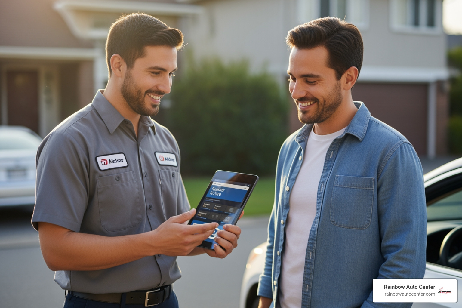Technician providing a quote to a customer at their home or office, emphasizing convenience and personalized service - local dent removal near me