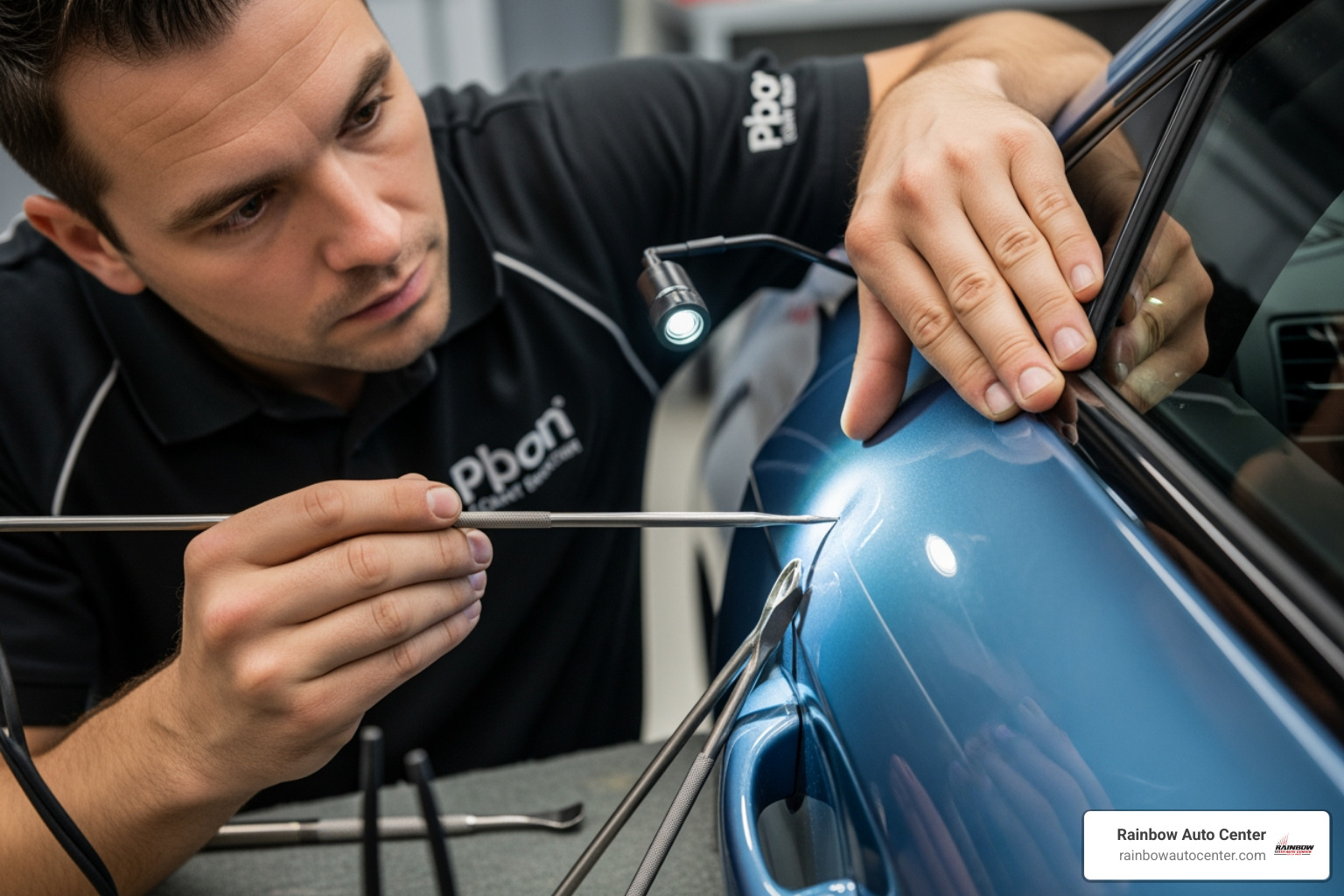 PDR technician using specialized tools to gently massage a dent from behind a car panel, showcasing precision and care - local dent removal near me