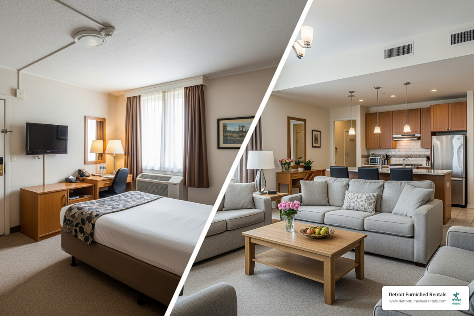 split-screen showing a standard hotel room versus a spacious furnished apartment living area - Business visitor housing
