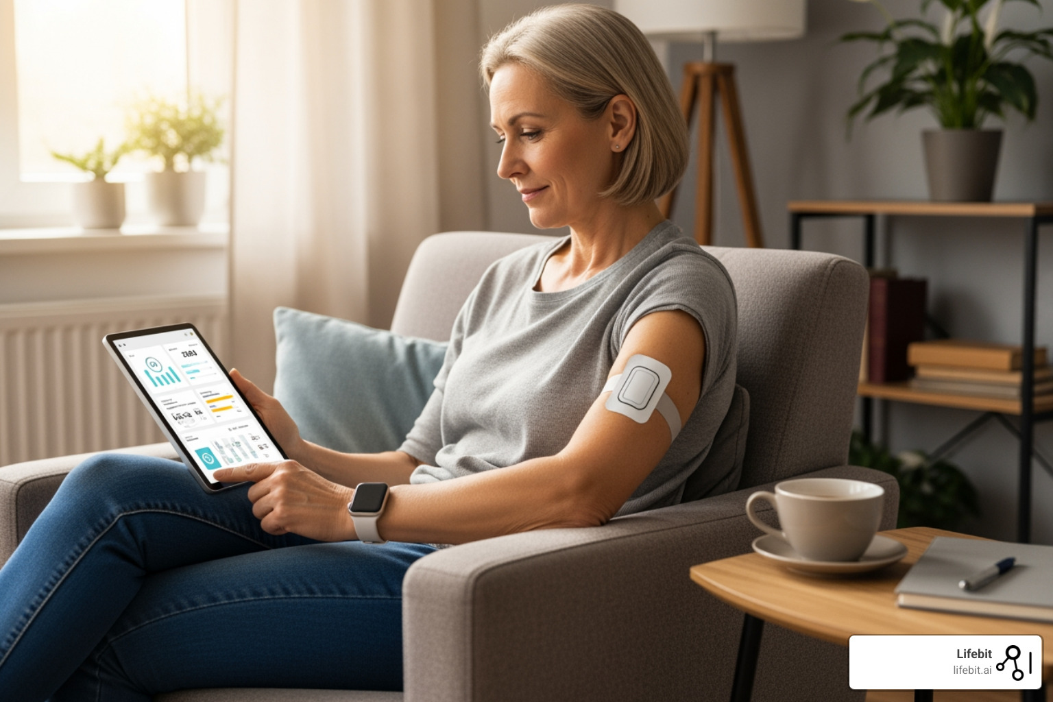 A patient using a wearable and tablet for a remote trial - clinical trial technology trends