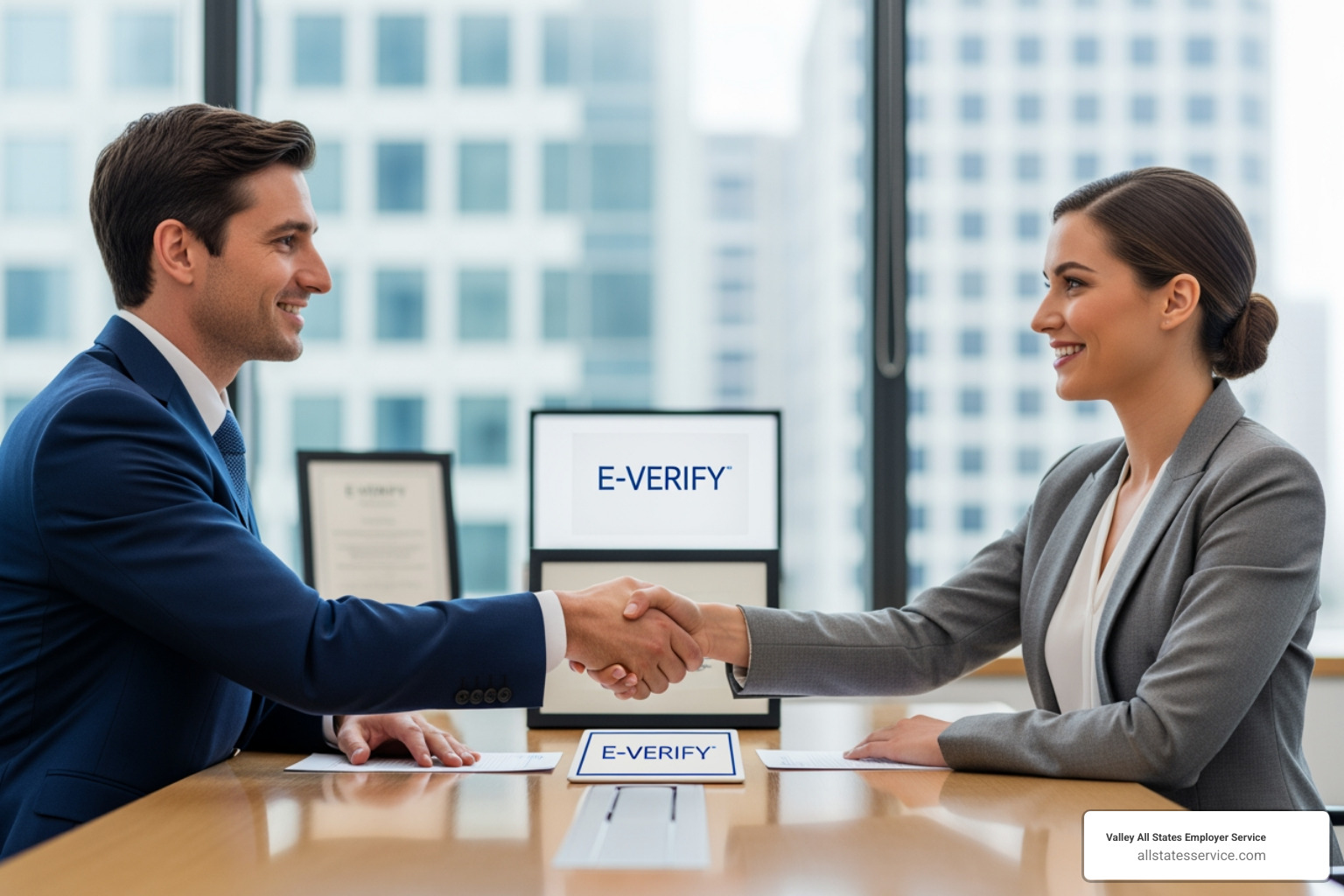 Two people shaking hands over a desk with E-Verify logos visible - what is an e verify employer agent Two people shaking hands over a desk with E-Verify logos visible - what is an e verify employer agent