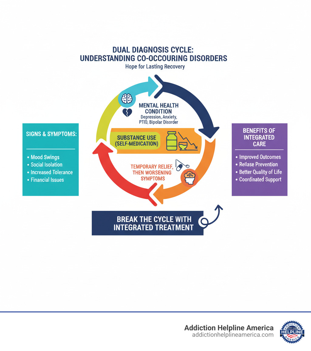 Infographic showing the cycle of dual diagnosis: Mental health condition (depression, anxiety, PTSD, bipolar disorder) leads to substance use as self-medication, which temporarily relieves symptoms but ultimately worsens the mental health condition, creating increased substance dependence and declining mental health, requiring integrated treatment to break the cycle - dual diagnosis rehabs near me infographic 