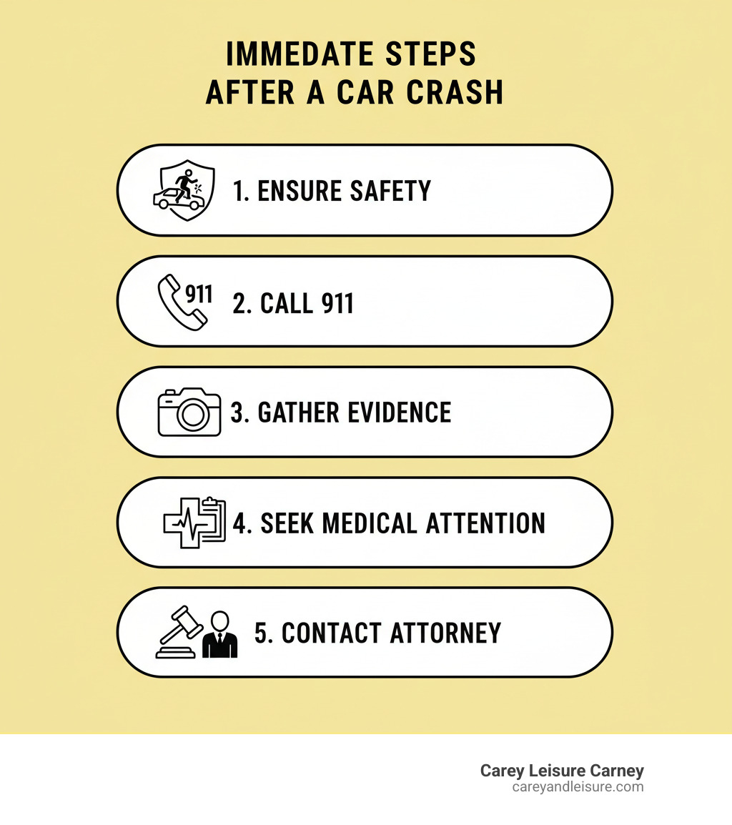 Infographic detailing 5 immediate steps after a car crash: 1. Ensure safety, 2. Call 911, 3. Gather evidence, 4. Seek medical attention, 5. Contact a car accident attorney - car accidents attorneys near me infographic Infographic detailing 5 immediate steps after a car crash: 1. Ensure safety, 2. Call 911, 3. Gather evidence, 4. Seek medical attention, 5. Contact a car accident attorney - car accidents attorneys near me infographic