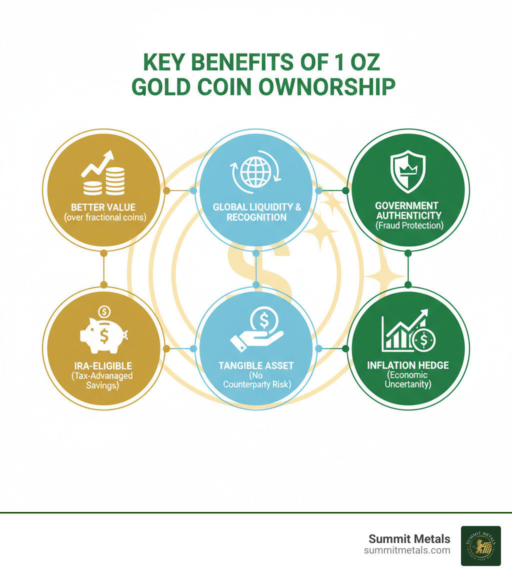 Infographic showing the key benefits of owning a 1 oz gold coin: Better value over spot price than fractional coins, highest liquidity and global recognition, government-backed authenticity and fraud protection, IRA-eligible for tax-advantaged retirement savings, tangible asset with no counterparty risk, and proven hedge against inflation and economic uncertainty - 1 oz gold coin infographic 