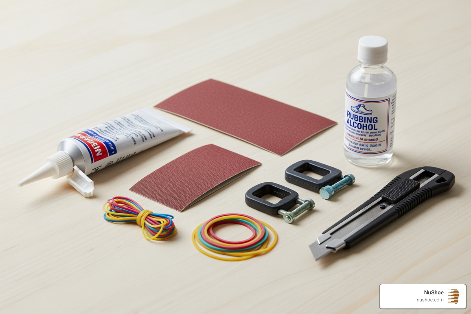 complete DIY sneaker repair kit laid out neatly - repair sole of sneaker