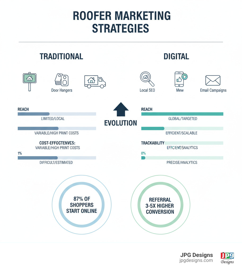 Infographic comparing traditional roofer marketing strategies like yard signs, door hangers, and vehicle wraps versus digital strategies including local SEO, Google Ads, social media marketing, and email campaigns, showing statistics on reach, cost-effectiveness, and trackability with data points on 87% of shoppers starting online and referral marketing generating 3-5x higher conversion rates - Roofer marketing strategies infographic 