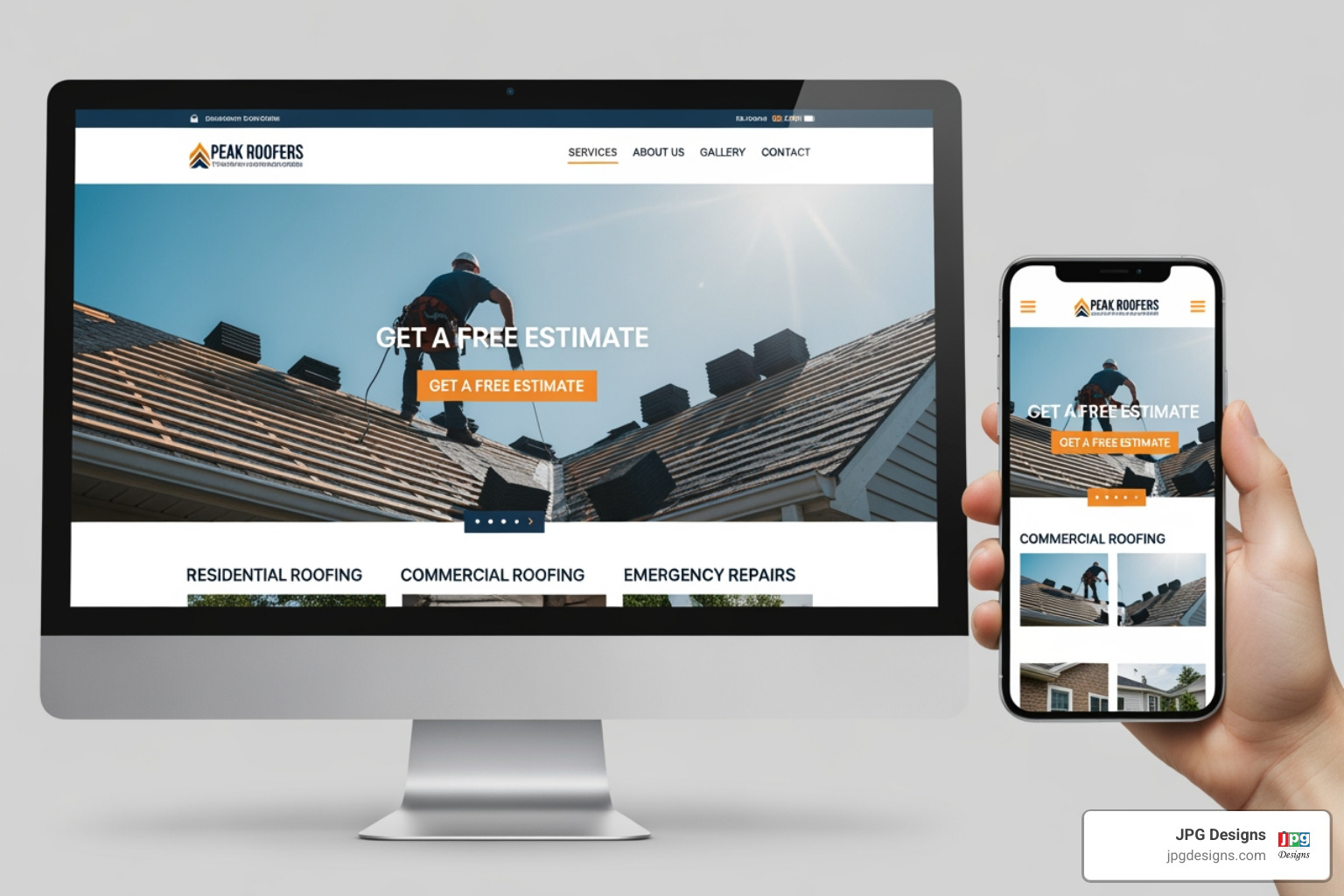A roofing company's website displayed on a smartphone and a desktop, showing a responsive design - Roofer marketing strategies