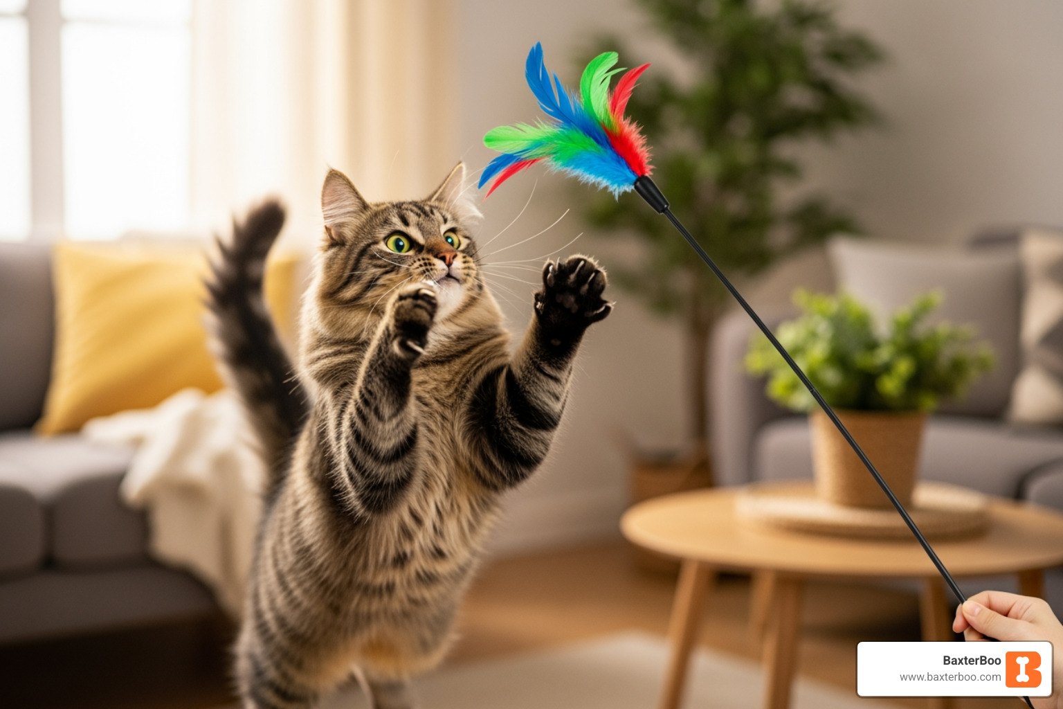 A cat playing with a wand toy - Gift ideas for pets A cat playing with a wand toy - Gift ideas for pets