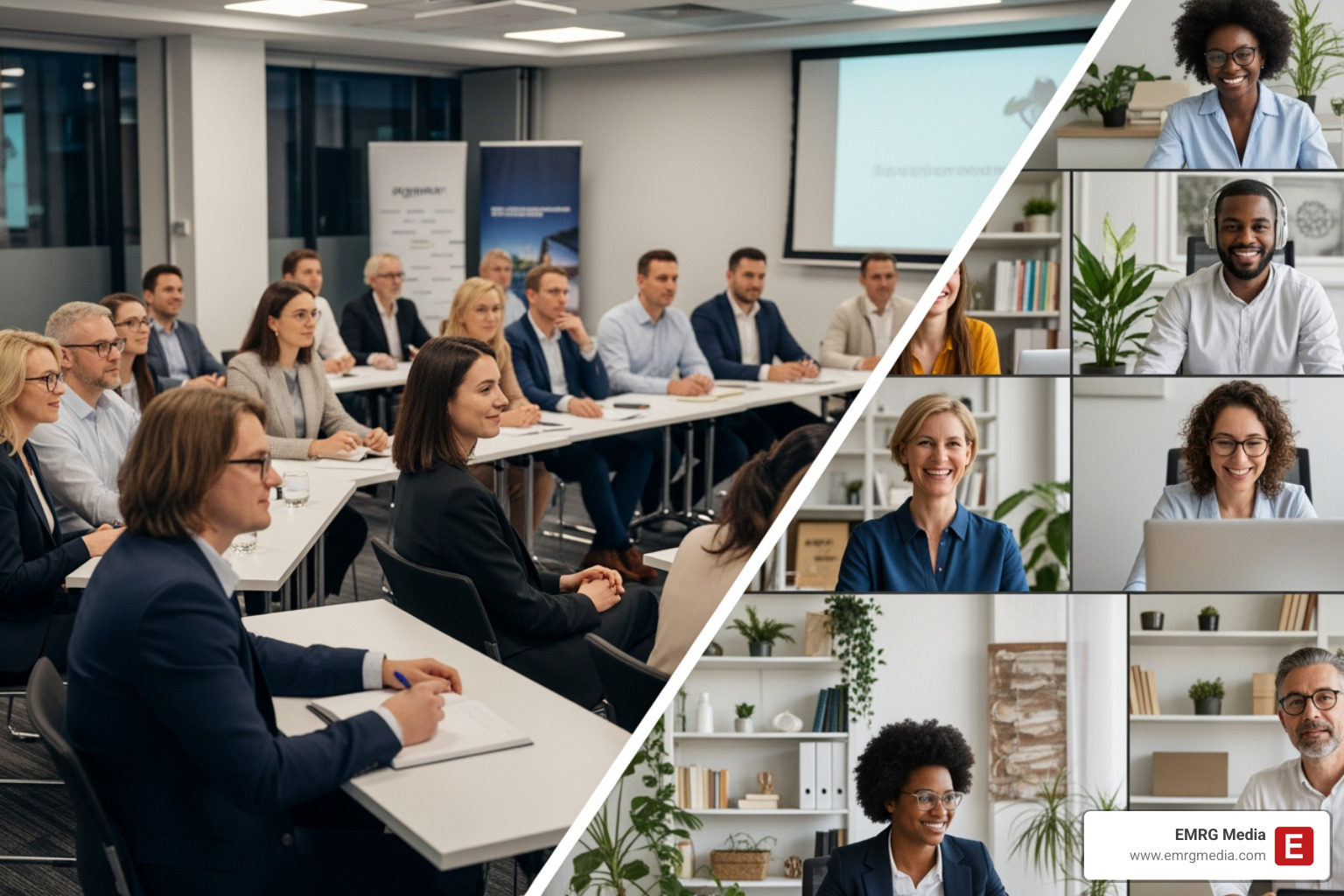 a split-screen view of in-person and virtual attendees interacting - hybrid event planning