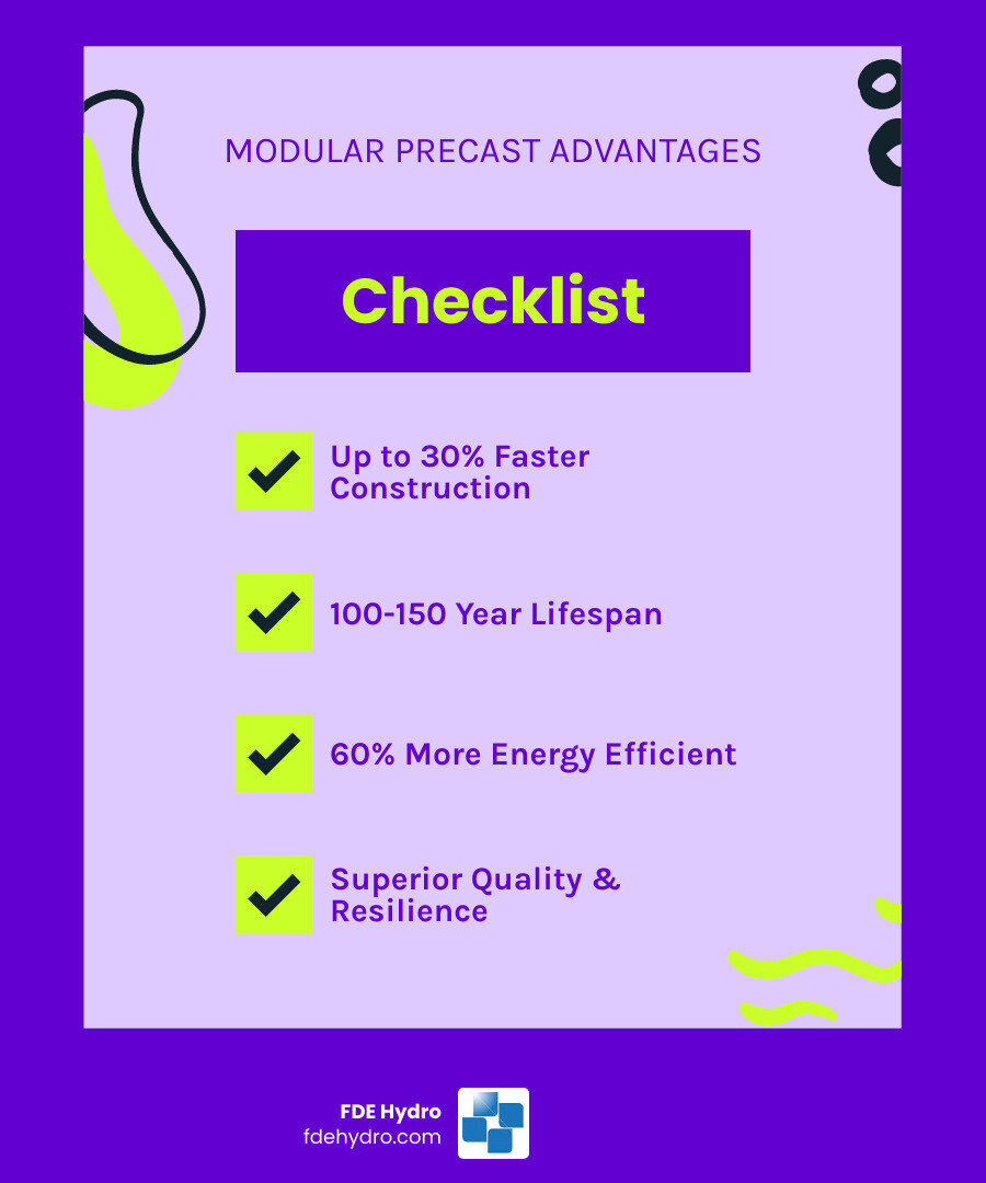 Infographic showing modular precast concrete benefits: 30% faster construction timeline compared to traditional methods, 100-150 year lifespan with minimal maintenance, 60% more energy efficient with reduced waste, factory-controlled quality eliminates weather delays, reduced on-site labor and site congestion, applicable to hydropower plants, dams, bridges, tunnels, and water infrastructure - modular precast concrete infographic checklist-fun-neon