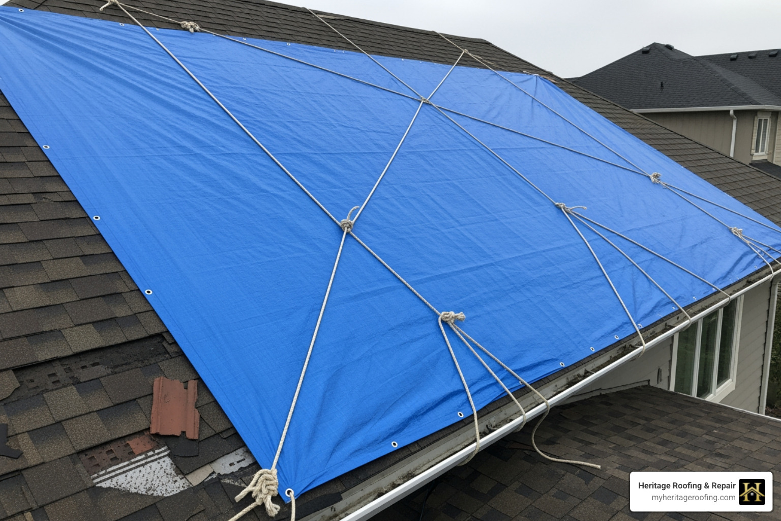 A blue tarp properly secured over a damaged section of a roof, illustrating temporary repair to prevent further water ingress. - roof insurance claim process