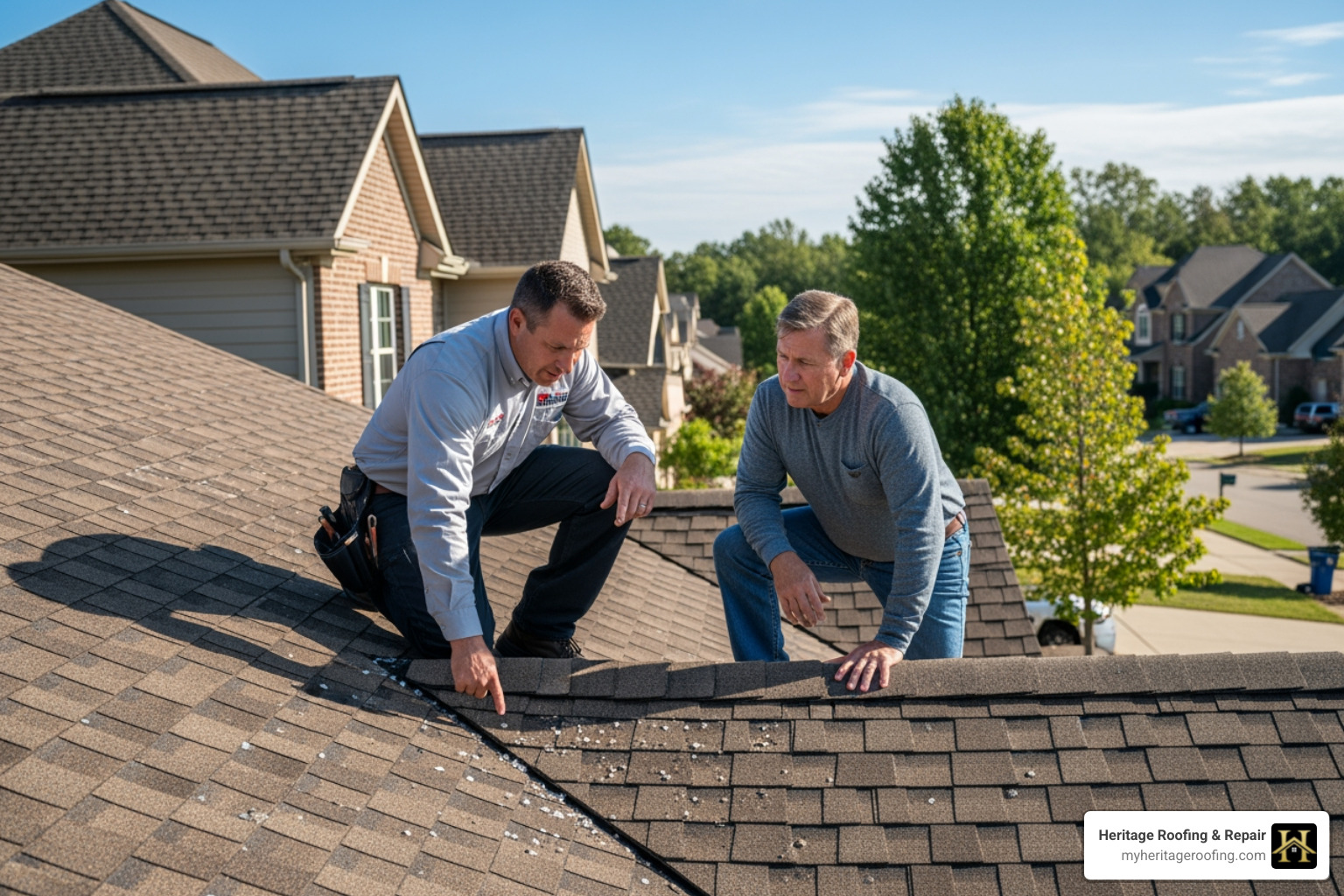 A roofer on a roof pointing out hail damage to a homeowner, demonstrating a professional inspection. - roof insurance claim process