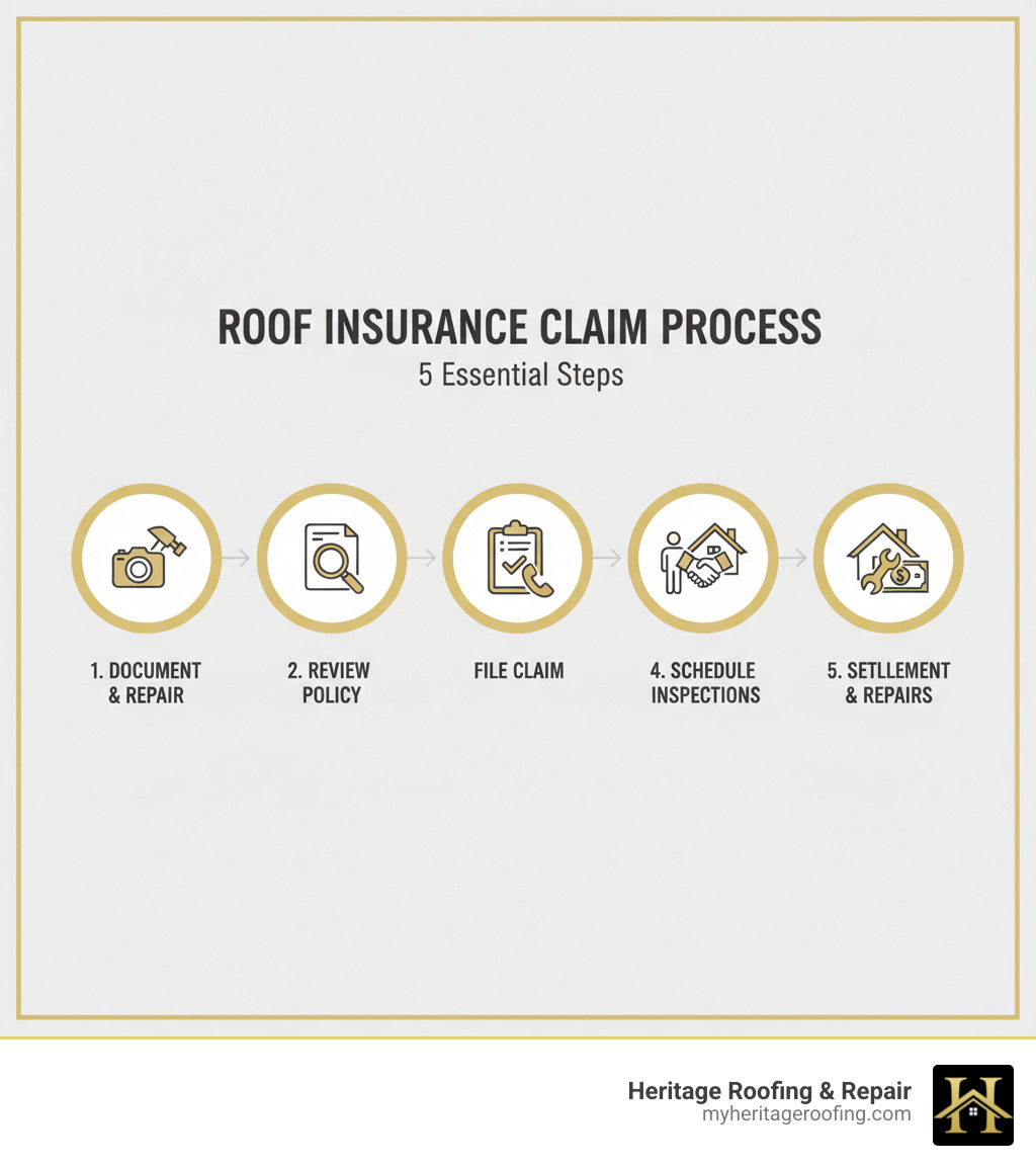 Infographic showing the 5-step roof insurance claim process: 1) Document damage and make temporary repairs, 2) Review policy for RCV/ACV coverage and deductible, 3) File claim with insurance company, 4) Schedule inspections with adjuster and contractor, 5) Review settlement, supplement if needed, and complete repairs - roof insurance claim process infographic 