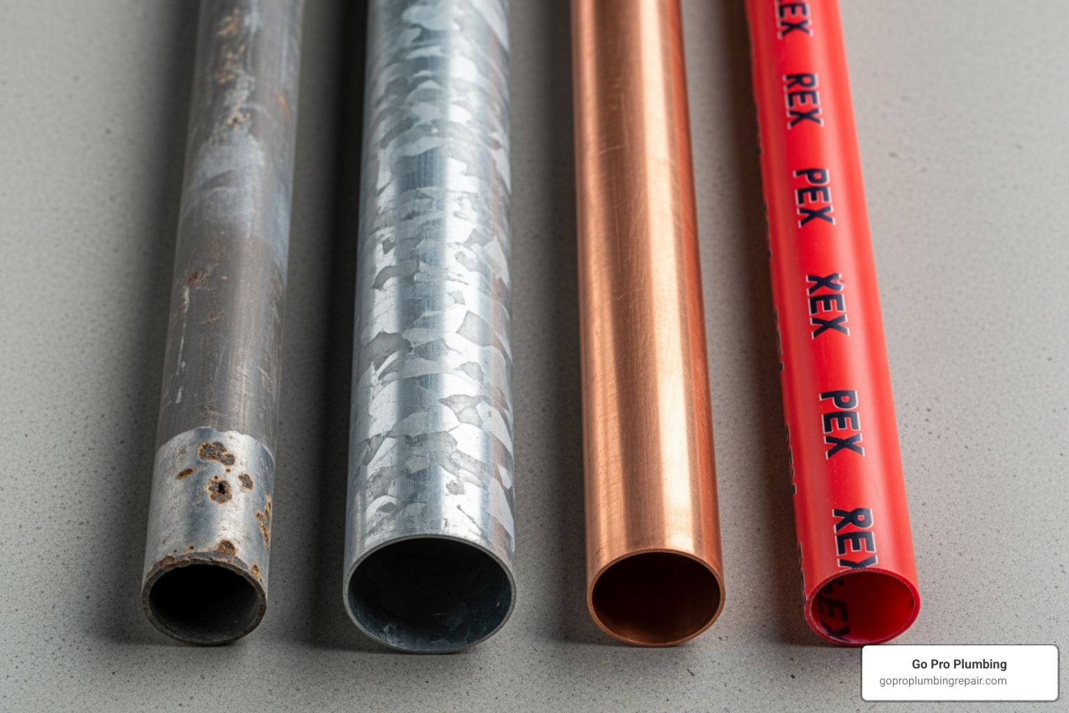 Examples of lead, galvanized, copper, and PEX pipes side-by-side - water line replacement