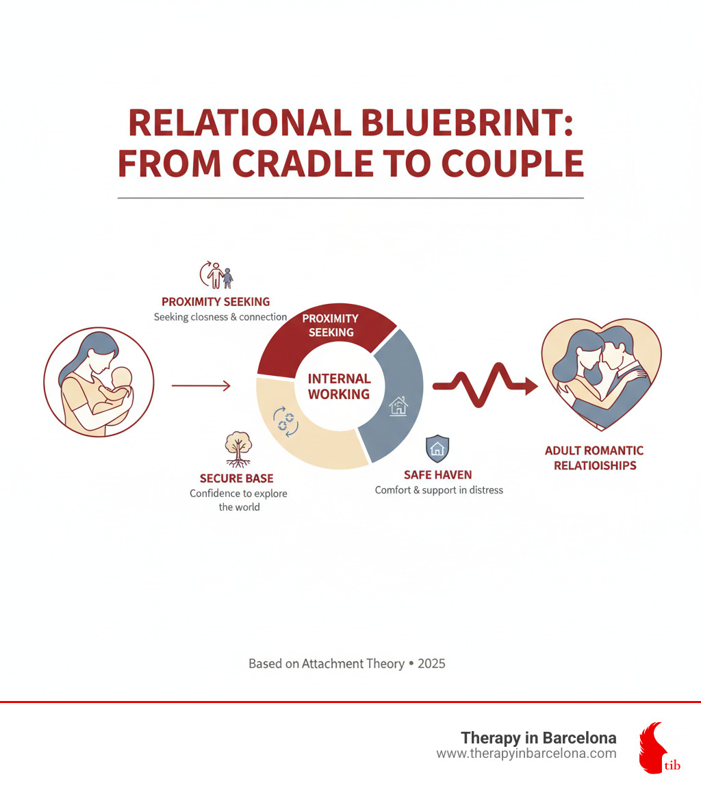 Infographic showing how early bonds with caregivers create an internal working model that shapes adult romantic relationships, including proximity seeking, safe haven, and secure base concepts - Attachment-based couples therapy infographic 